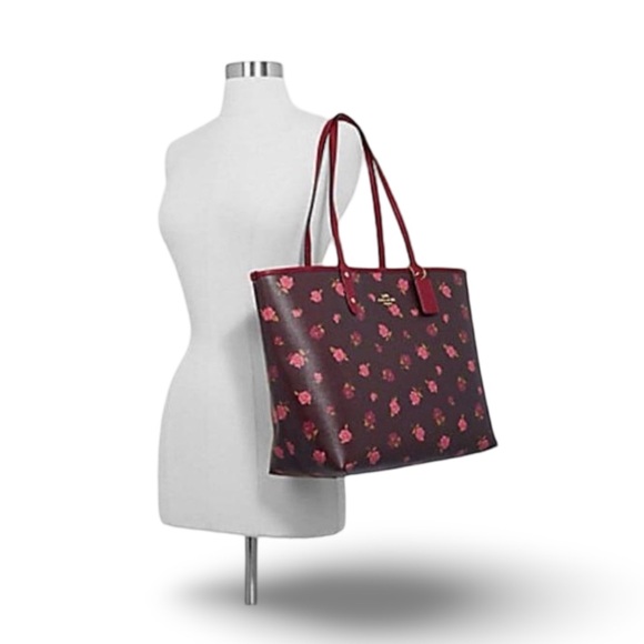 Coach Reversible City Tote Bag Tossed Peonies Oxblood/Cherry Coated Canvas - Picture 2 of 14